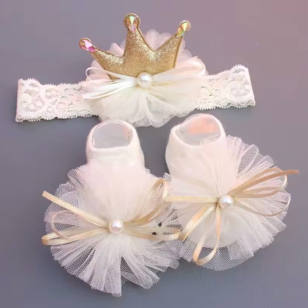 Baby Girl Crown Headband & Tulle Shoes Set – Soft White Newborn Accessories